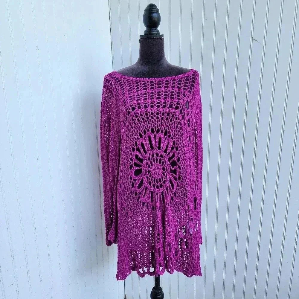 JOE BROWNS Purple LAVENDER LACY CROCHET KNIT Stretch SWEATER Flare Sleeve Sz 14